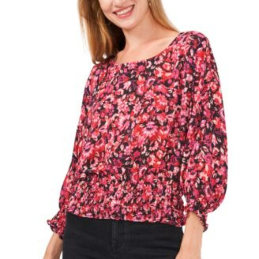 NWT, Vince Camuto Floral-Print Smocked Peasant Blouse, Fuchsia, Various